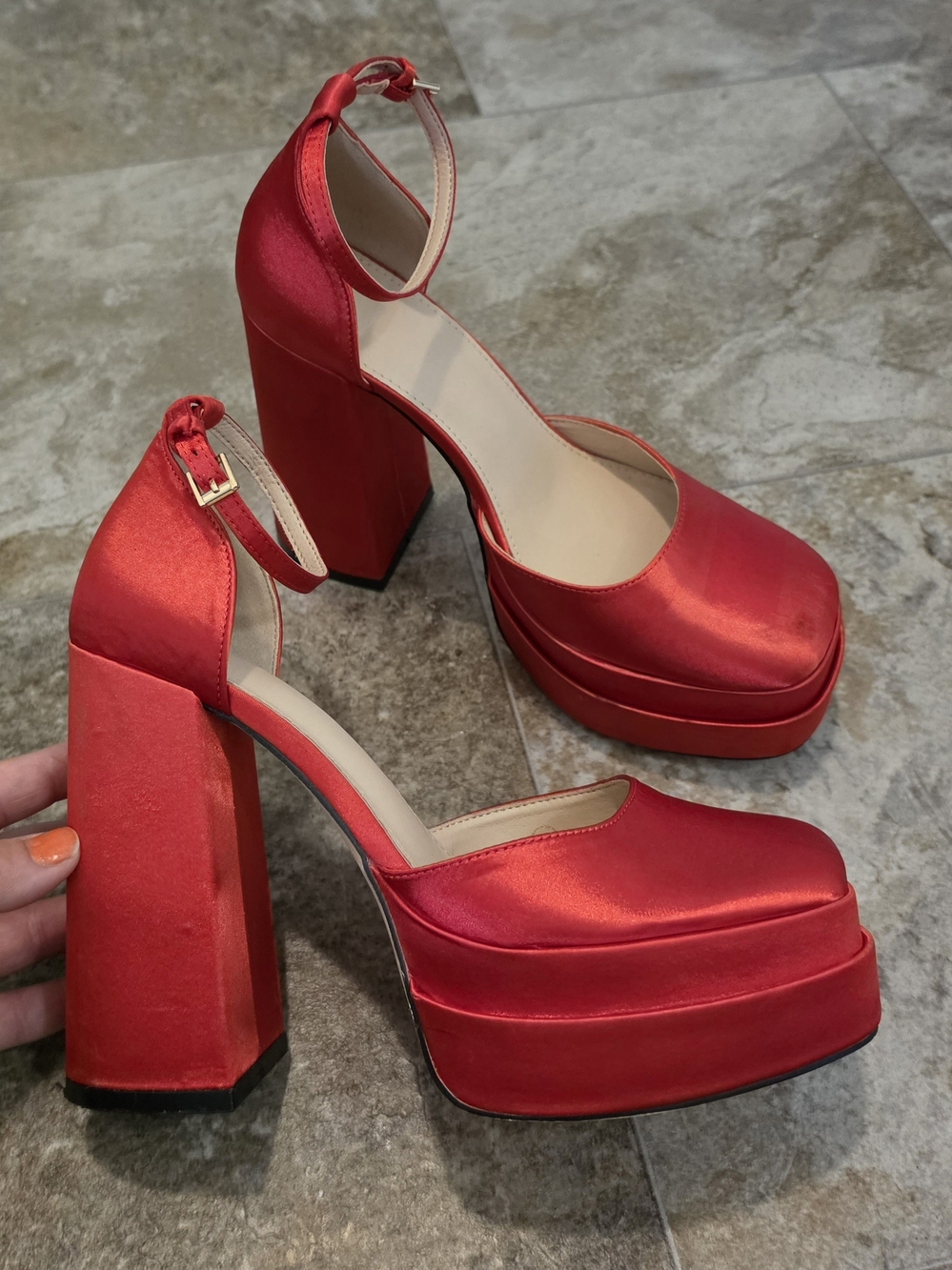 Double Platform Pumps - Red Satin Size 8.5